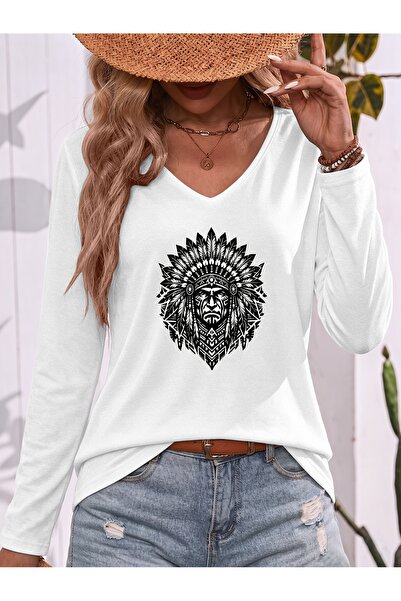 mercoledi Mix Printed Cotton V-Neck Long Sleeve Blouse