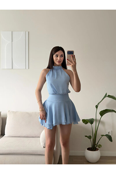 Zoom Butik Volanlı Halter Yaka Mini Elbise - MAVİ