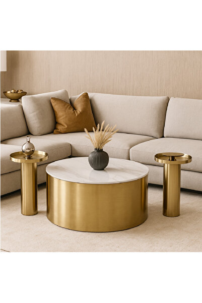 GLAMOURE HOME طقم طاولات ضيافة مودرن فاخر 3 قطع (طاولة وسط رئيسية دائرية + طا...