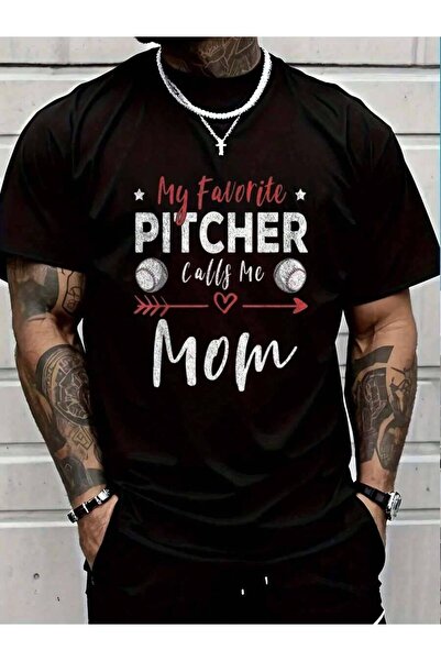 01THEONE تي شيرت رجالي أسود 100% قطن بطبعة 'My Favorite Pitcher Calls Me Base...