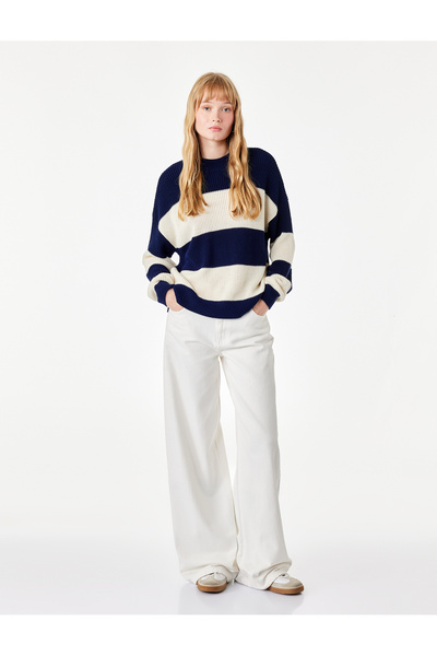 Koton Striped Long Sleeve Crew Neck Knit Sweater