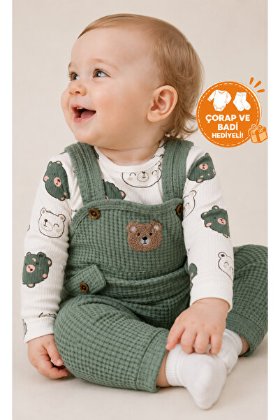 Rocha Baby Ayıcık Desenli Salopet Tulum – Çıtçıtlı Body ve Çorap Hediyeli 3’l...