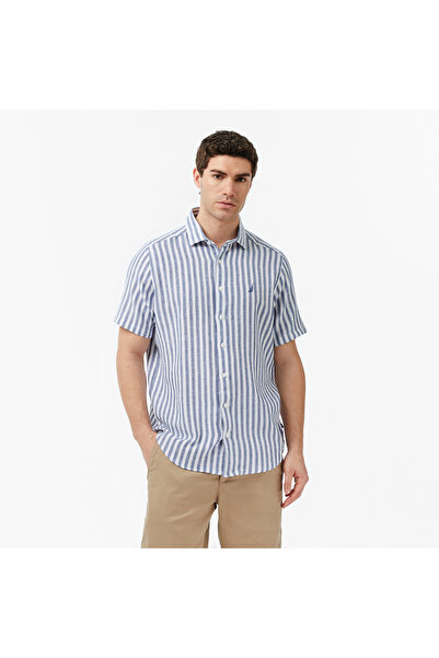 Nautica Erkek Lacivert Regular Fit Kısa Kollu Çizgili Gömlek