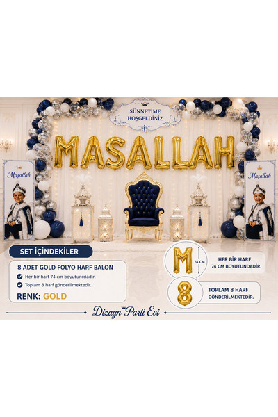 Dizayn Parti Evi 74 CM Gümüş Maşallah Folyo Harf Balon Seti – 8 Harf Sünnet O...