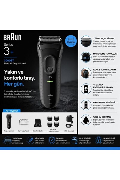 Braun Series 3+ Elektrikli Tıraş Makinesi Siyah, Kuru 3000BT Kullanım Özelliğ...