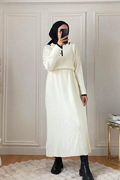 müqofficial Buttoned Piping Detail Long Knitwear Dress - Ecru