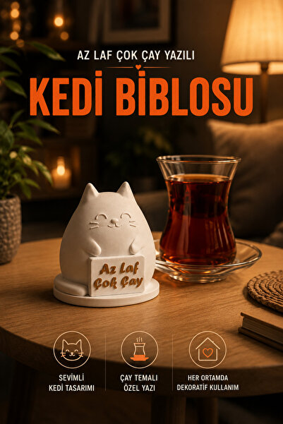 Decoroom Dekoratif Kedi Biblosu Az Laf Çok Çay Yazılı Masaüstü Sehpa Süsü Ev ...