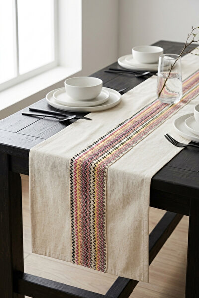 Valmia Home Bohemian Style Cotton Table Runner - Ethnic Ecru with Colorful Kn...