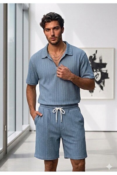 CAST COLLECTİON Men's Petrol Blue Zippered Collared Twisted Fabric T-Shirt Sh...