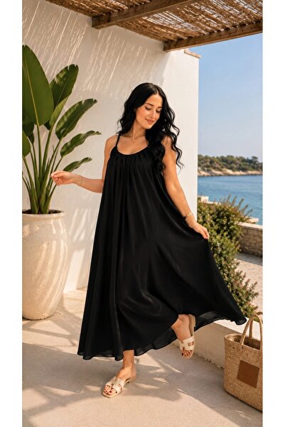 Myawomenswear Siyah İp Askılı Ayarlanabilir Tokalı Salaş Dökümlü Yazlık Kadın...