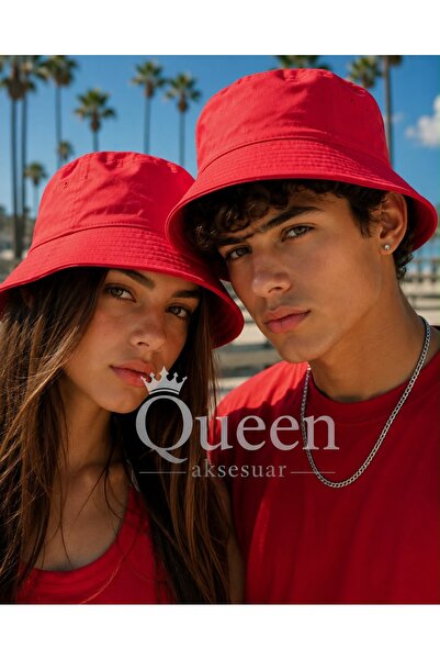 QUEEN AKSESUAR Unisex μονόχρωμο κόκκινο καπέλο Bucket Fisherman Summer Αντηλιακό