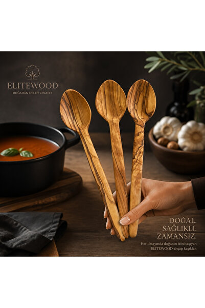 ELİTEVOOD Zeytin Ağacı Kaşık Seti 3’lü 22 cm El Yapımı %100 Doğal Ahşap Tahta...