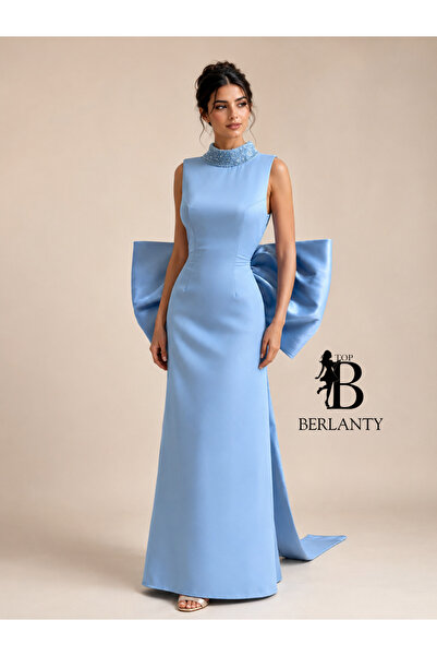 TOP BERLANTY فستان سهرة سماوي بفيونكة خلفية فاخرة