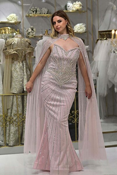 Yonca Moda Evi Pudra Taşlı Pelerinli Abiye 7093