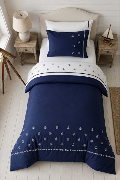 İK TEKSTİL Marin 100% Cotton Single 4-Piece Marine Themed Embroidered Blue & ...