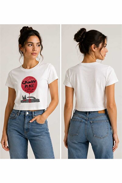 Generic Women's White Graphic Print Crop T-Shirt – Short Sleeve Casual Top