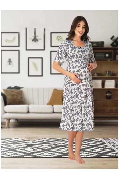 Effortt Dvina Maternity Patterned Short Sleeve Nightgown - Navy Blue
