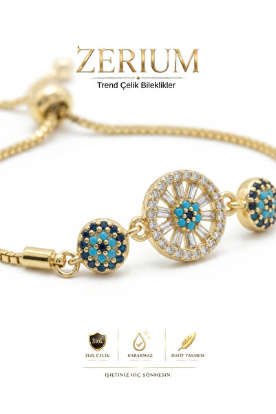 ZERİUM Women's Steel Elevator Bracelet Baguette Evil Eye Beaded Zircon Stone ...