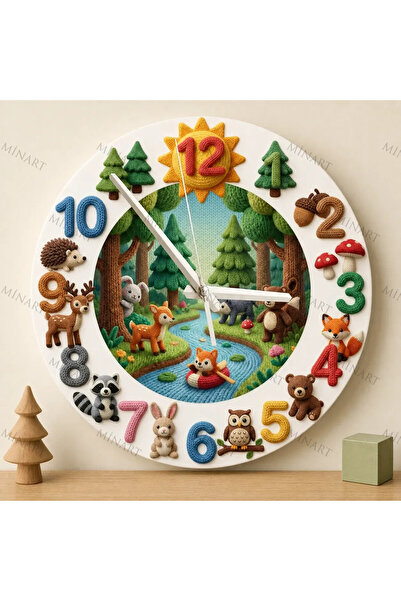 ensaat Knitted Style Forest Animals Children's Room Wall Clock Silent Wooden ...
