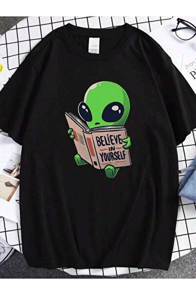 9JY تي شيرت بطباعة "Believe In Yourself Alien Is Reading" للرجال والنساء، قمص...