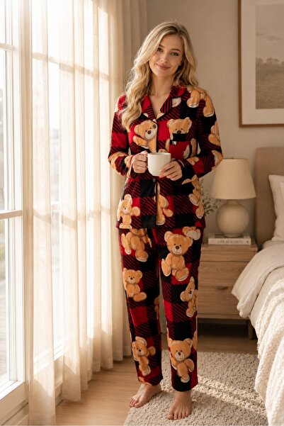 ÇAĞRI HOMEWEAR طقم بيجامة نسائية شتوية بأكمام طويلة وياقة قميص وأزرار أمامية ...