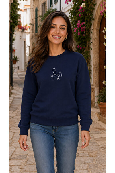 TREND EMMODA Women's Mini Rabbit Printed Round Neck Casual Basic Sweatshirt