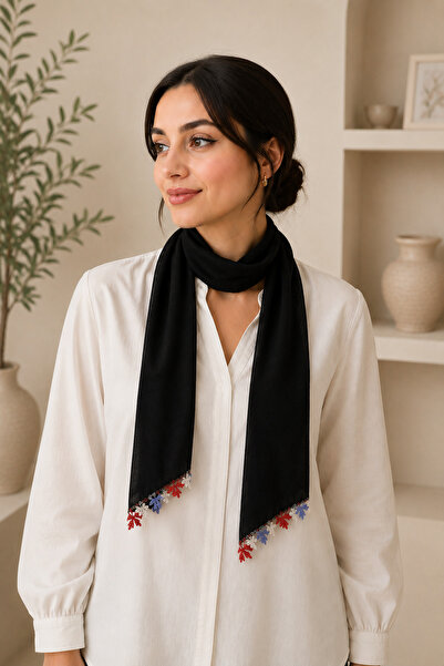 EastWest Trading Crepe Fabric Handcrafted Needlework Detailed Black Shawl – C...