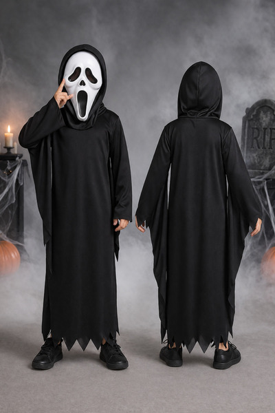 Tomac Çocuk Korku Hayalet Kostümü Maskeli Siyah Pelerinli Halloween Kostümü
