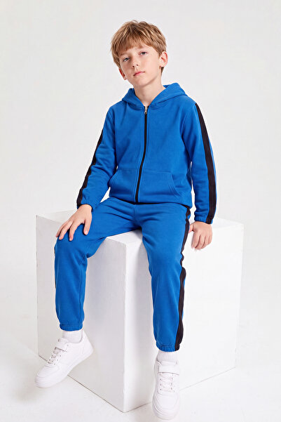 FYK KİDS Boy's Stripe Detailed Zippered Hooded Double Pocket Tracksuit Set
