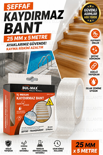 ellante Şeffaf Kaydırmaz Bant 25 mm x 5 Metre Kendinden Yapışkanlı Merdiven B...