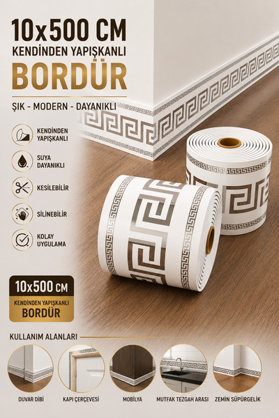 UKAB DEKOR 10x500 Cm Tek Parça Bordür Kendinden Yapışkanlı Dekoratif Duvar Ce...