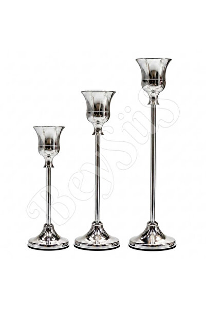 BeySüS Dekoratif 3lü Şamdan Metal Gümüş