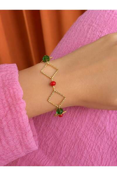 MARE BUTİK Colorful Crystal Beaded Geometric Gold Bracelet