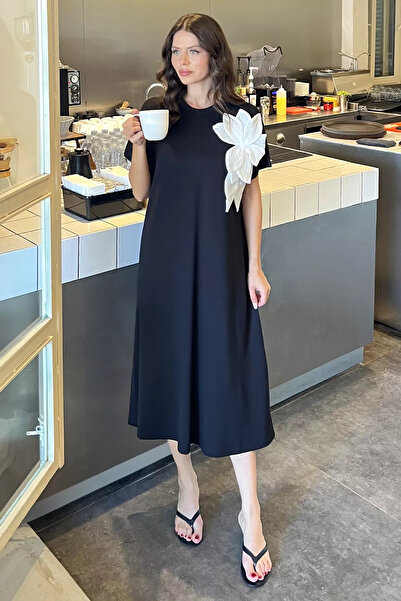 Aryena Black Women's Dress with Floral Detail