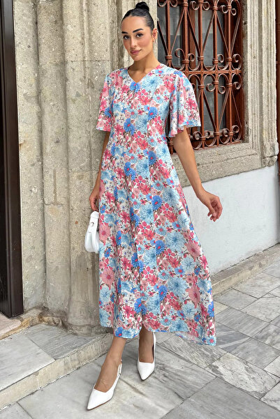 Aryena Blue Women's Patterned Short Sleeve Dress