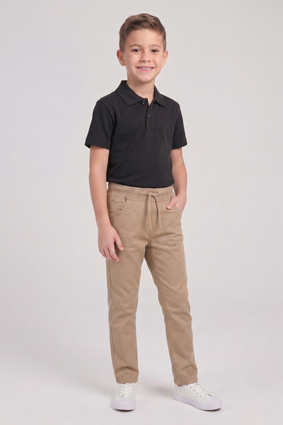 nacar çarşı Boys' Black Long Sleeve Polo Collar T-Shirt Beige Ribbed Waist Ca...