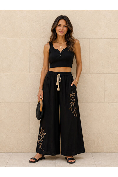 AGORATEKSTİL Women's Embroidered Spanish-Cut Woven Viscose Fabric Trousers