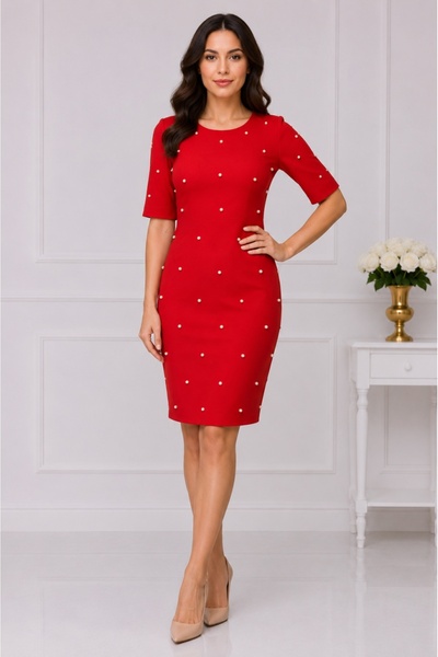OEM Rochie tinereasca, de culoare rosie, perle albe aplicate