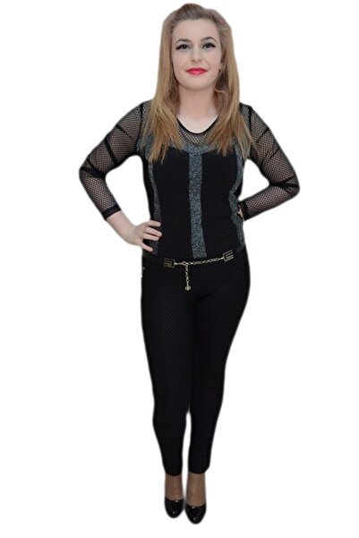 OEM Pantalon elastic, nuanta de negru, buline fashion aplicate