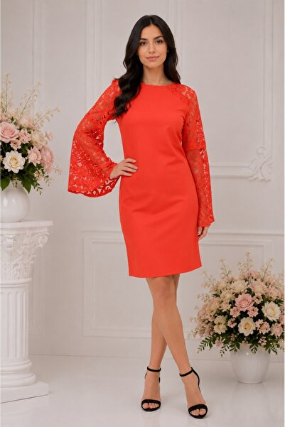 OEM Rochie de ocazie in nuanta de corai, material elastic si dantela