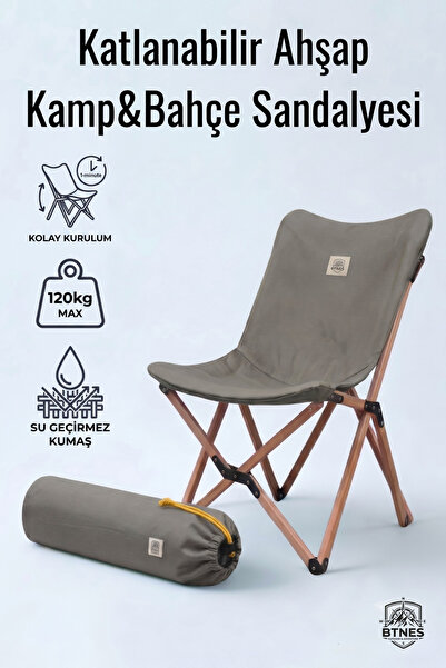 BTNES Katlanabilir Ahşap Bahçe ve Kamp Sandalyesi Taşınabilir Bahçe Balkon Sa...