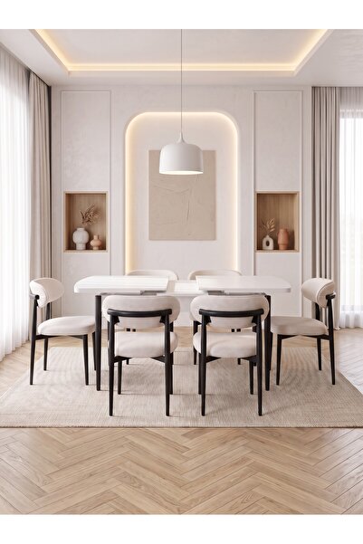Concept Ayz Home Bella Serisi 6 Kişilik Krem Kumaş 80*130 Beyaz Masa Sandalye...