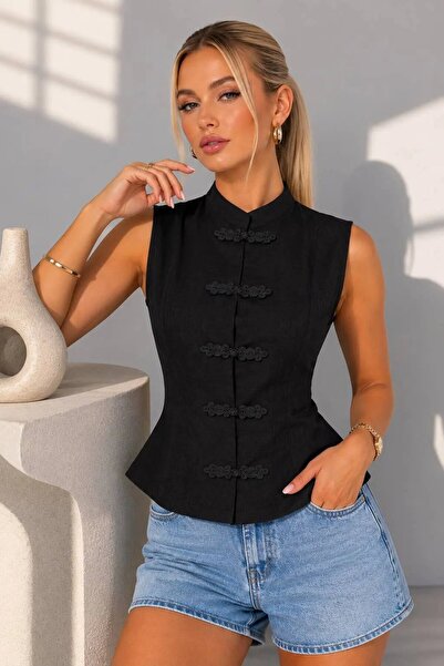 Park Karon Women's Cotton Chinese Buttoned Stand Collar Sleeveless Blouse Shi...