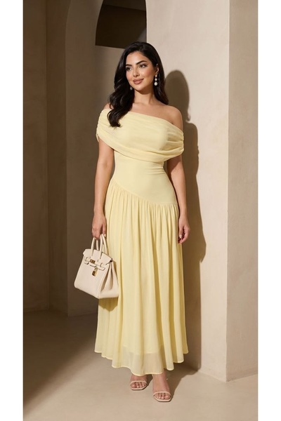 Jood Off Shoulder Maxi Evening Dress with Draped Design