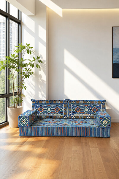 FEYZA DECOR HOME Mavi Anadolu Desenli 5 Parça Şark Köşesi Minder Takımı - 20 cm