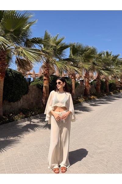 LOISY طقم بلوزة وبنطلون شيفون نسائي