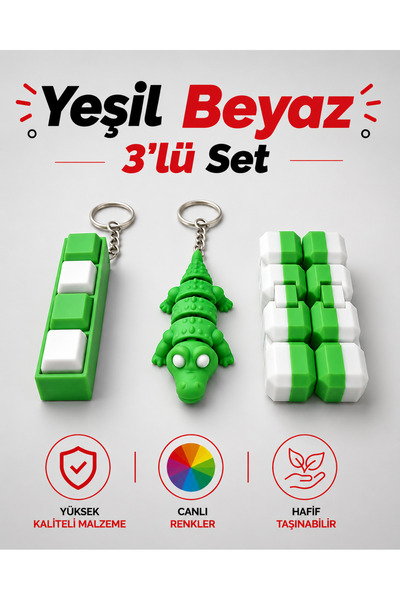 Yeşil Beyaz Üçlü Set | Clicker Klavye Anahtarlık | Sonsuz Stres Küpü | Timsah Anahtarlık