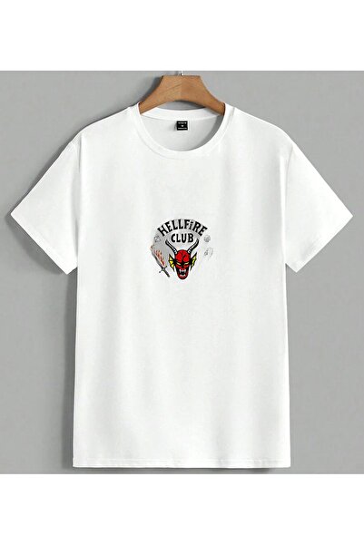 ELFERA Hellfire Club Satan logo, štampana unisex majica prevelikog kroja, bela