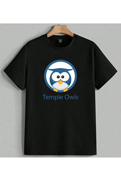 ELFERA Temple Owls Baykus Logo Blue Printed Unisex Oversize T-Shirt Black