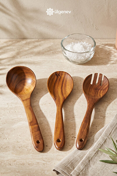 Ülgenev 3-Piece Acacia Varnished Wooden Spoon, Ladle, Fork Set, Soup Spoon, P...